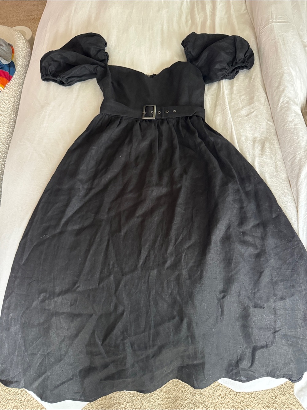 Reformation Tien Linen Dress Black Puff-Sleeve Belted Maxi Dress